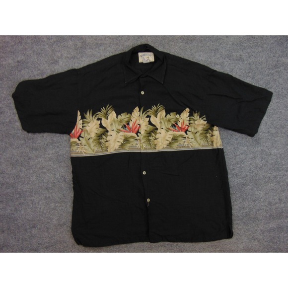 Bamboo Cay Hawaiian Shirt Mens Large Black Tropical Bird of Paradise Rayon Aloh - Picture 1 of 9